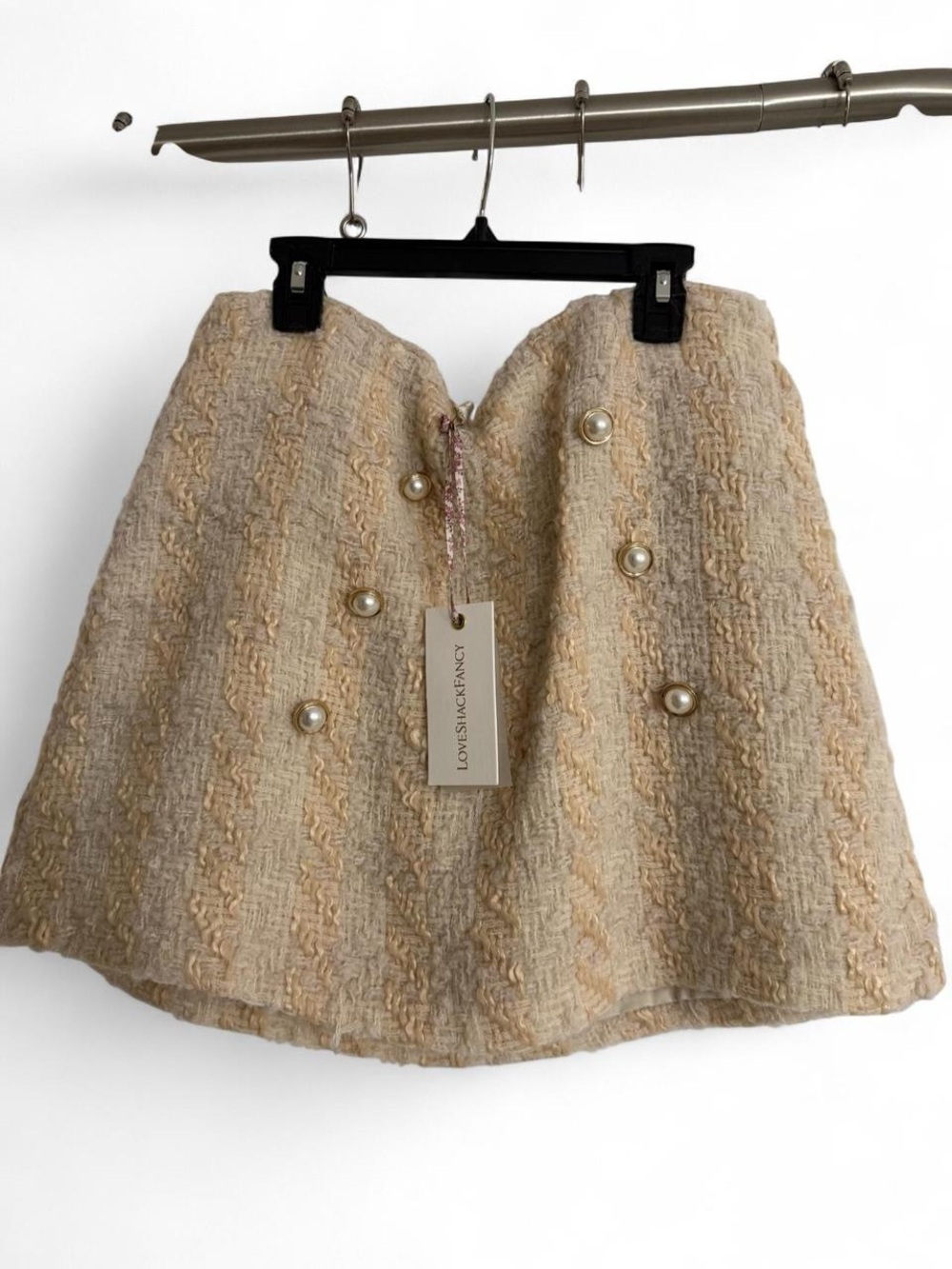 LoveShackFancy Beige Tweed Pearl-Button Mini Skirt